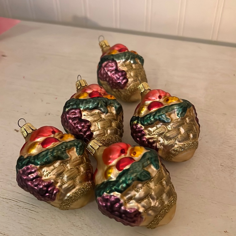 Lot 5 Vintage Czech Republic blown glass Christmas Ornaments fruit bowl